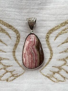 Sterling Silver Rhodochrosite Teardrop Pendant in Pink and Brown